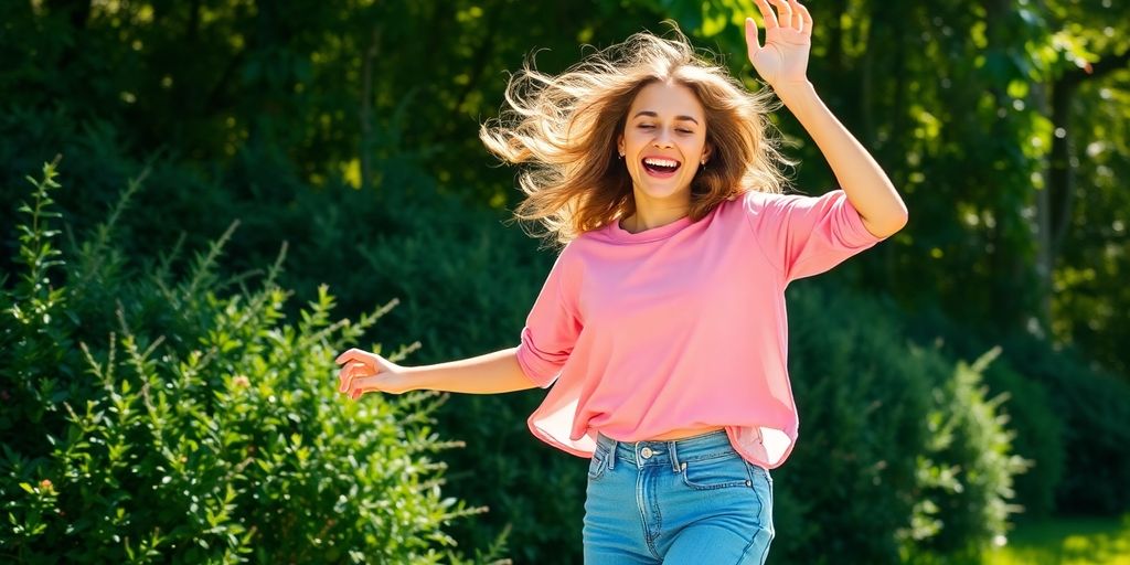 Person dancing outdoors in sunlight, exuding joy and energy.