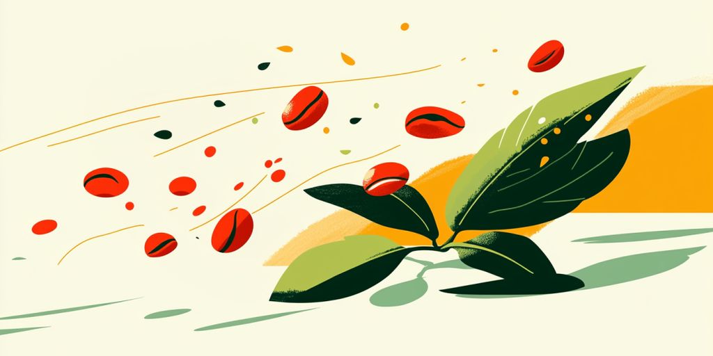 Abstract illustration featuring vibrant leaves and scattered red seeds.