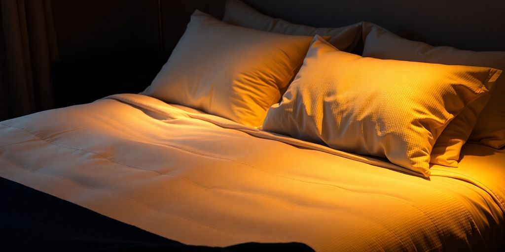 Cozy bed with soft lighting, inviting sleep.