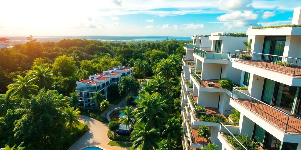 Modern apartments in Thailand with lush greenery and blue skies.