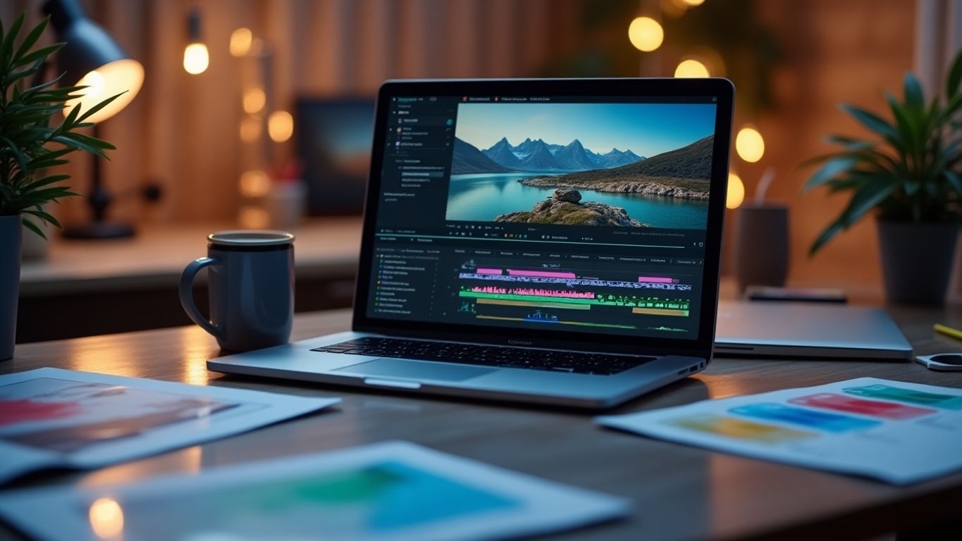 Modern workspace with laptop and video editing tools.