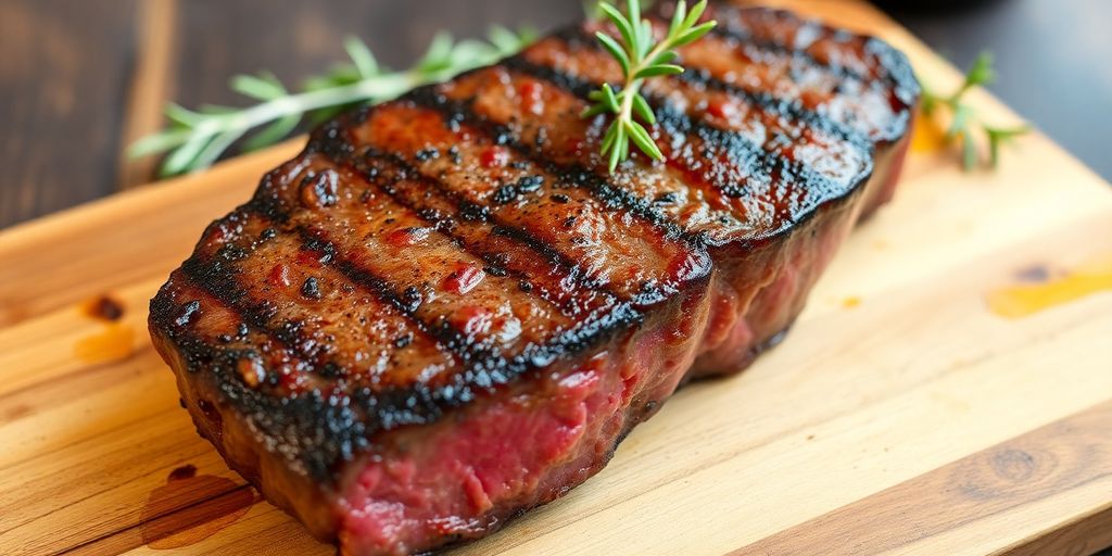 Juicy grass-fed beef steak with fresh herbs.