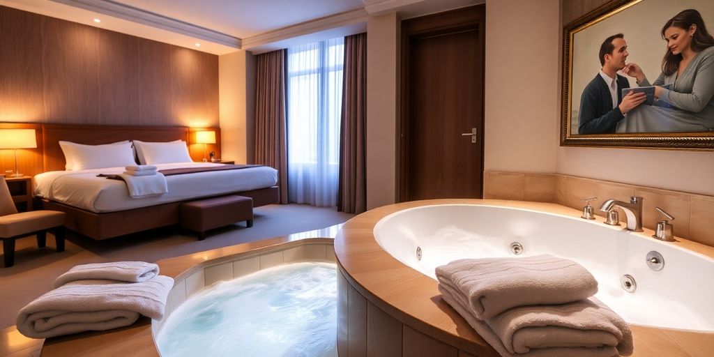 Luxurious hotel room with a bubbling spa tub.