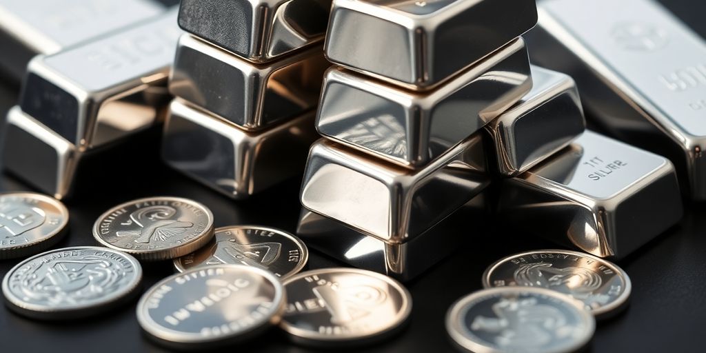 Lingots d'argent et pièces d'argent brillant.