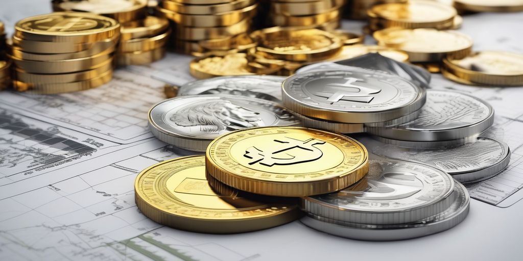 gold and silver investment concept with coins and charts