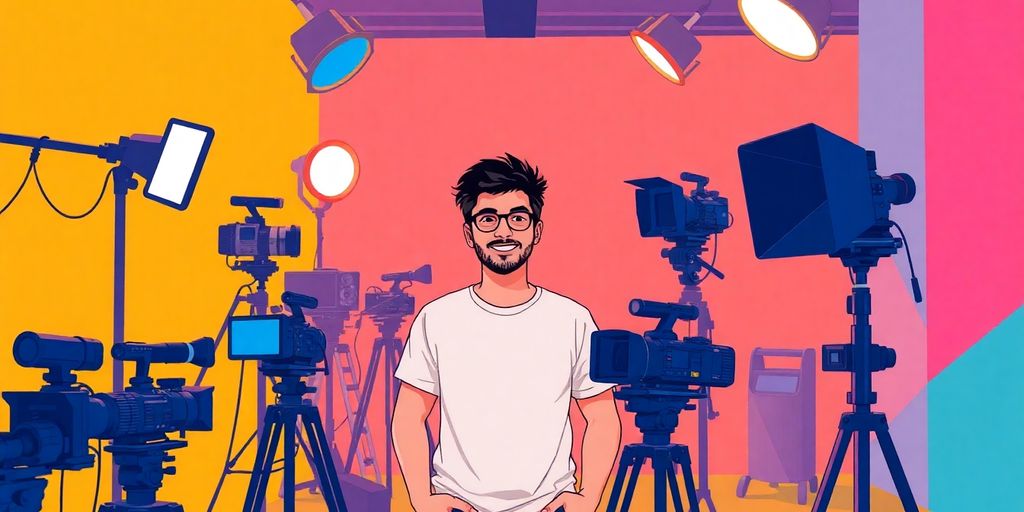 Creative producer with cameras and equipment.