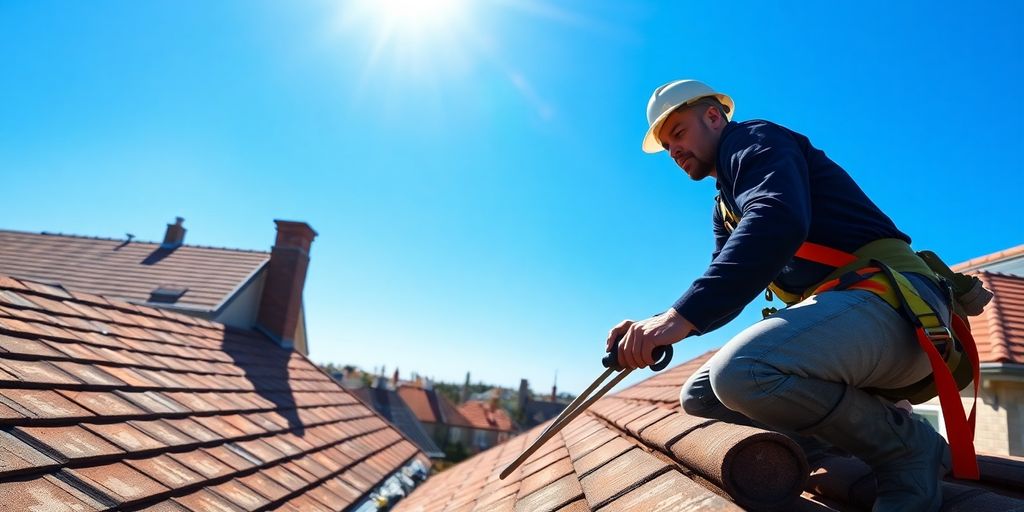 Roofer on sunlit roof, tools, sky