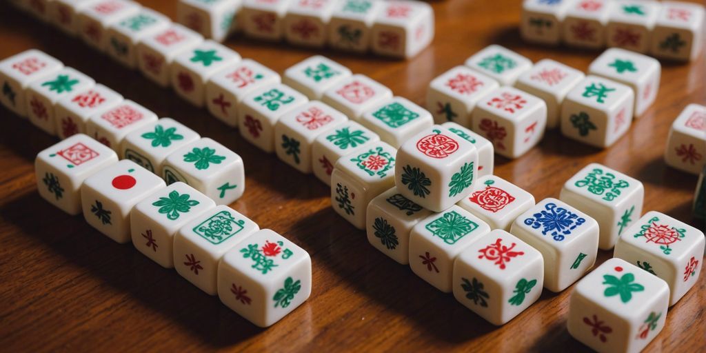 Cute and colorful Mahjong tiles arranged on a wooden table in a cozy game room setting.