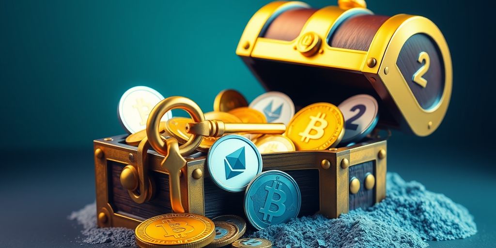 Golden key unlocking crypto treasure chest