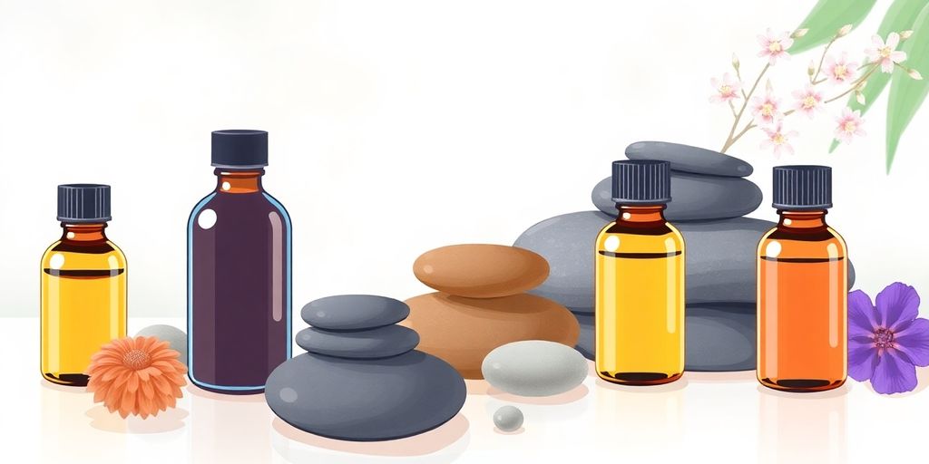 Masaj terapisi için kullanılan yağlar ve taşlar.
