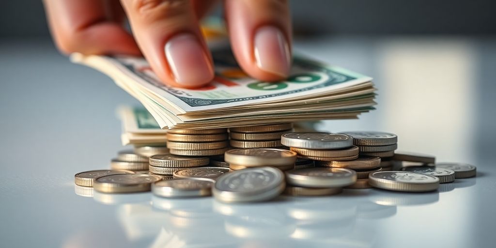 Main tenant des pièces et des billets.
