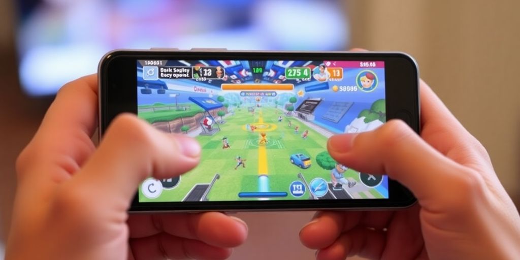 A person playing a game on a smartphone.