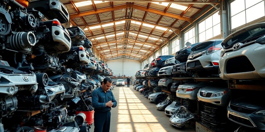 Used Toyota car parts on shelves.