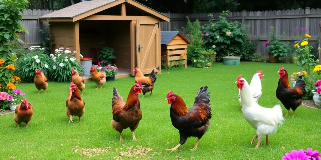 Backyard with a chicken coop and free-range chickens.