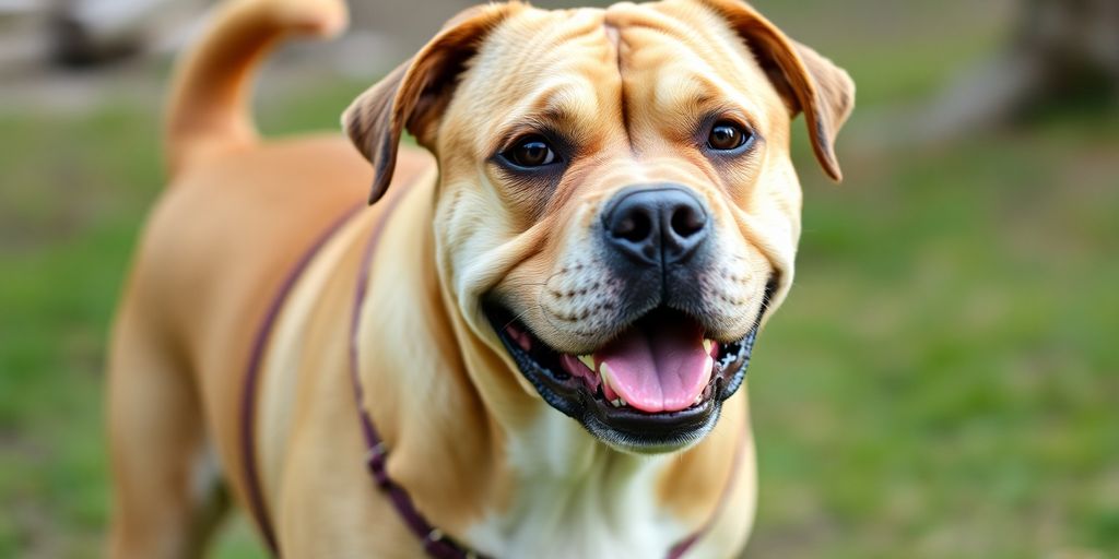 A happy Bullador dog sitting outdoors.