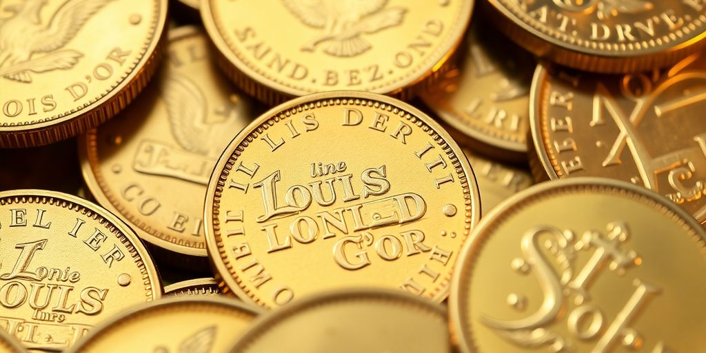 Plusieurs pièces d'or Louis d'or anciennes posées sur un fond sombre.