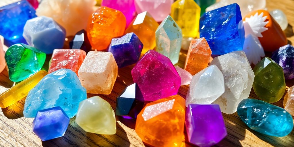 Vari cristalli colorati su una superficie di legno.