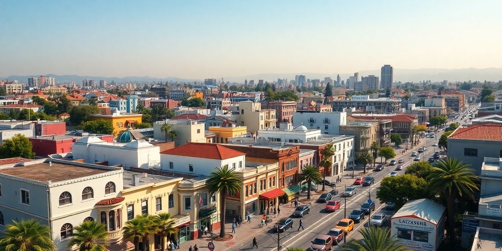 Colorful California cityscape showing diverse urban neighborhoods.