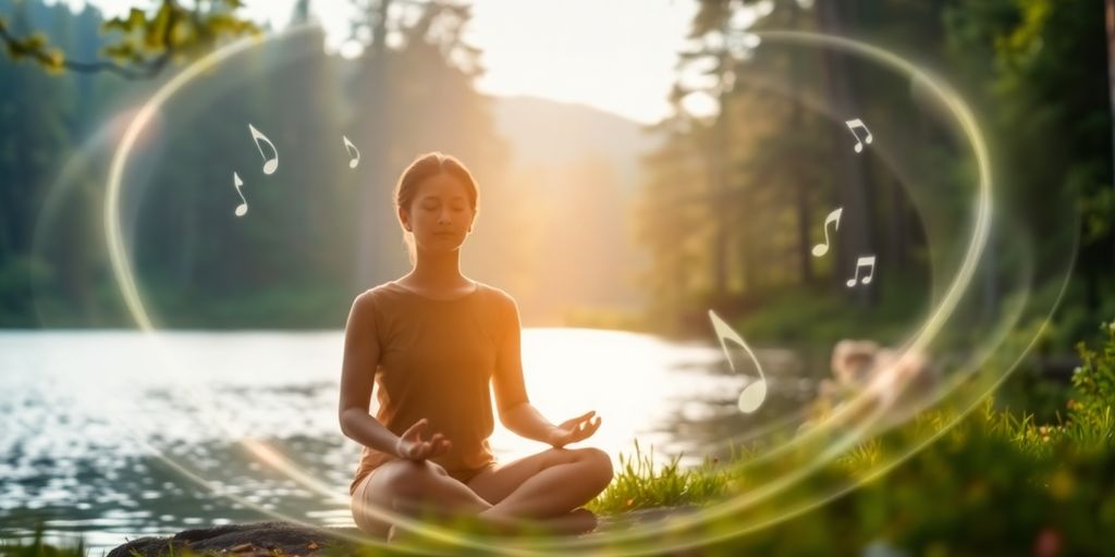 Meditation with music notes in a peaceful natural setting.