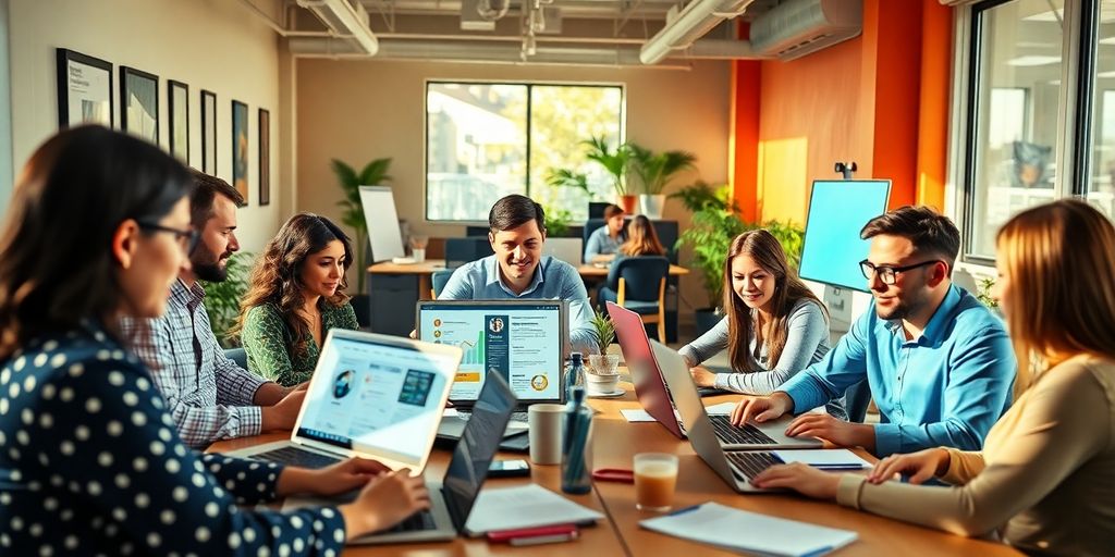 A busy office with professionals collaborating on SEO strategies.