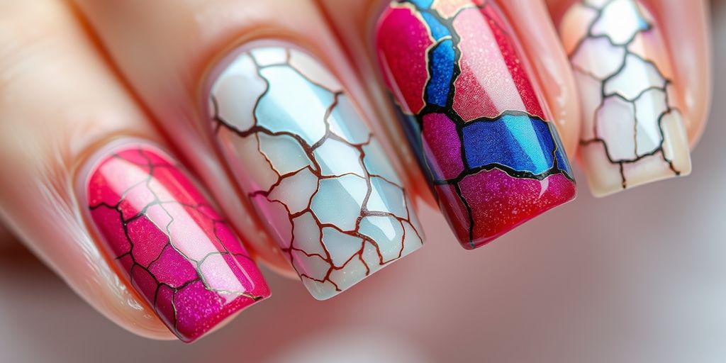 Unhas com efeito craquelado colorido e bem cuidadas.