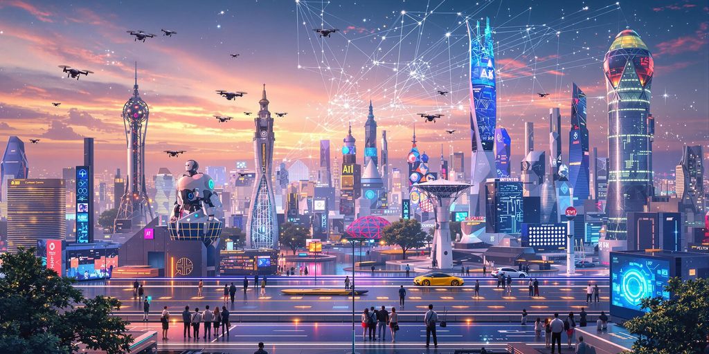 Futuristic city with AI technologies and quantum computing elements.
