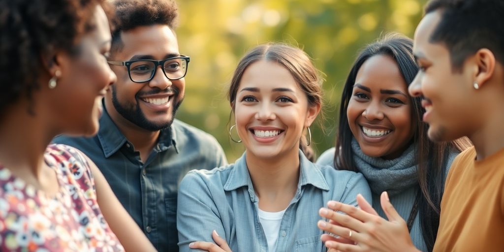 Woman smiling, surrounded by supportive friends.