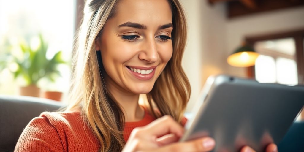 Femme souriante utilisant Pinterest sur une tablette.