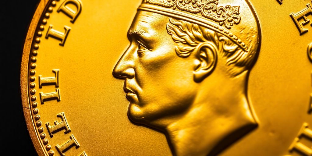Pièce d'or Souverain Georges V brillante, gros plan sur le portrait royal.