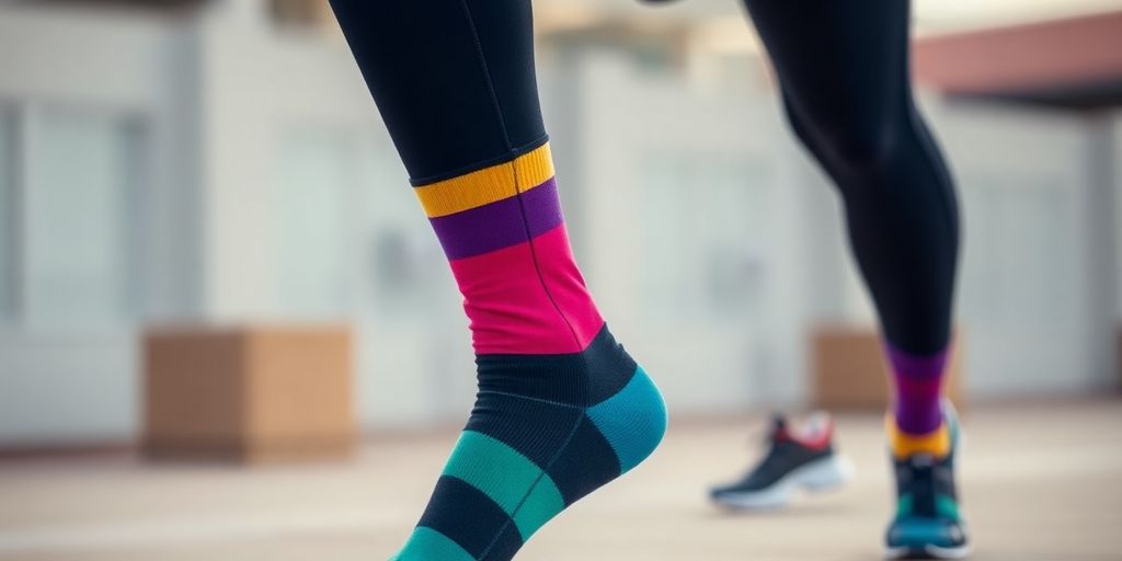 Person wearing colorful pressure socks in an active setting.