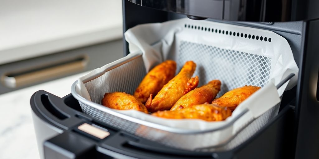 Air fryer basket filled with golden brown chicken wings.