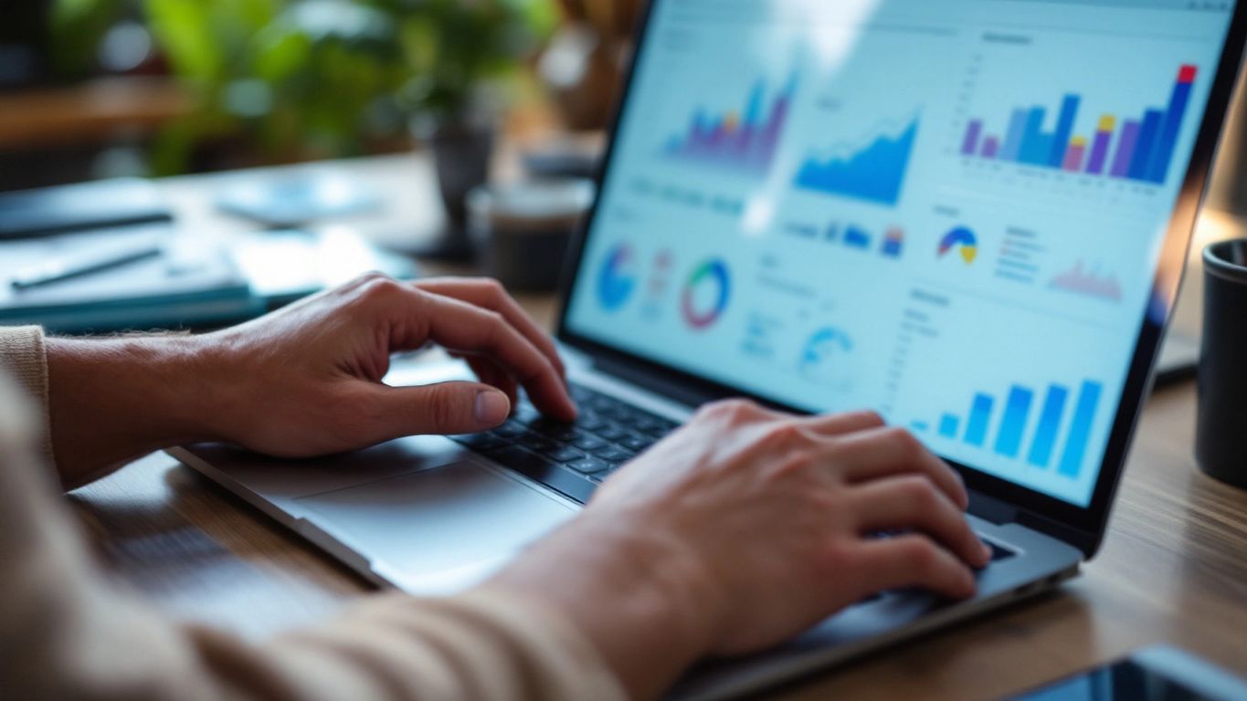 Person analyzing data on a laptop in a workspace.