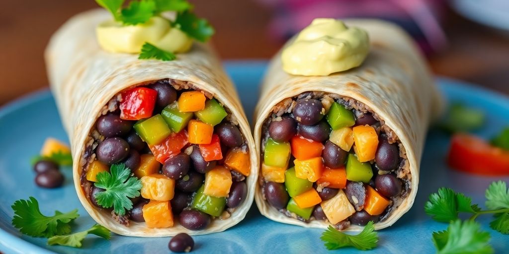 Vegan black bean burrito with fresh toppings.