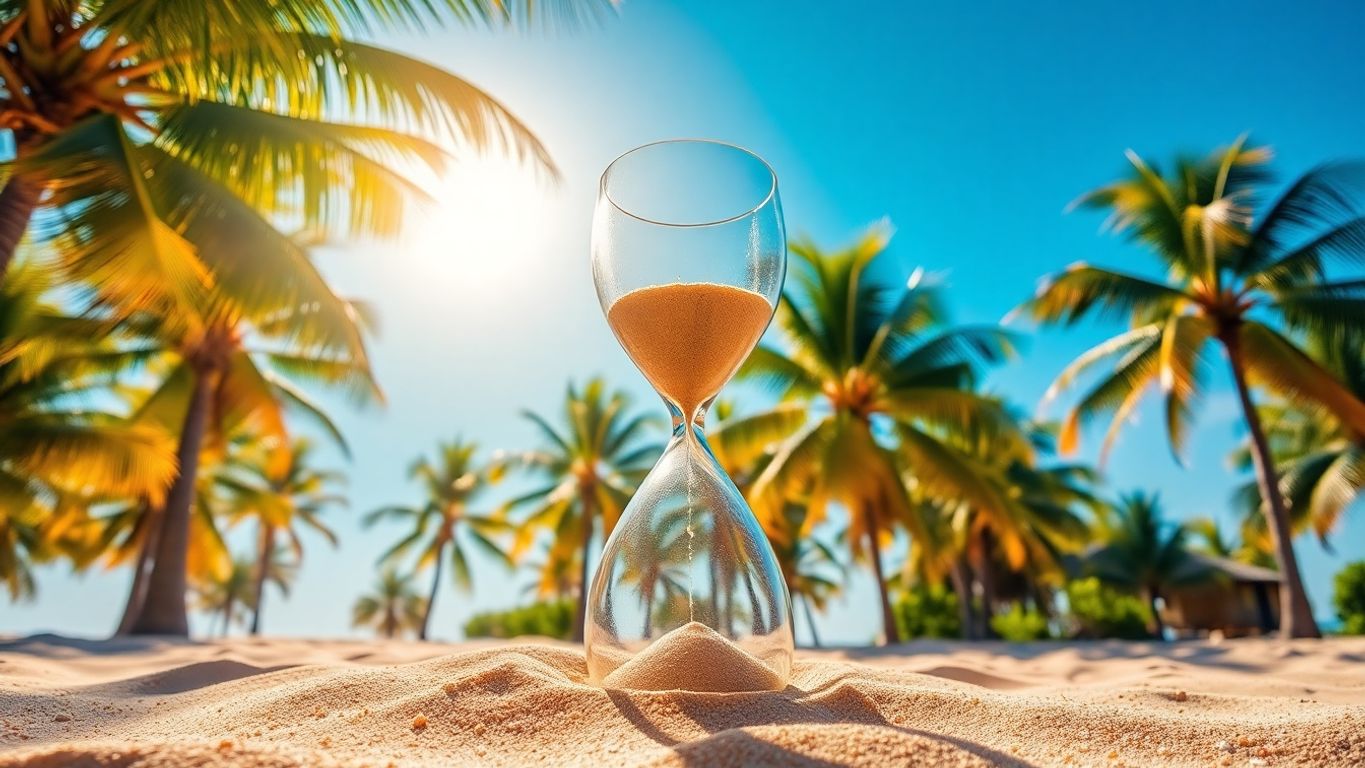Colorful realistic beach scene with hourglass and vibrant palm trees.
