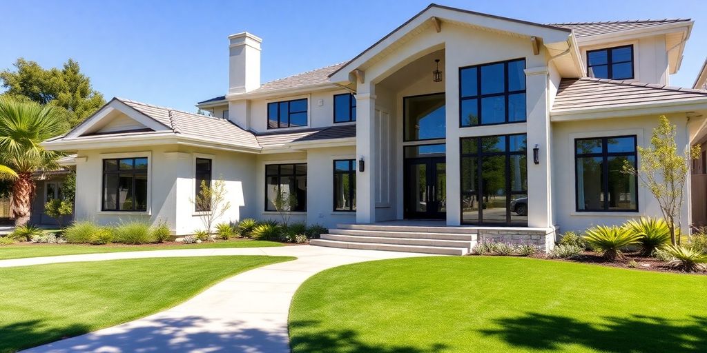Modern custom home exterior with large windows and landscaping.