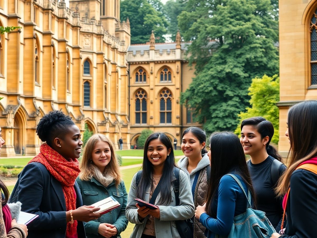 Diverse students at Cambridge University discussing on campus.