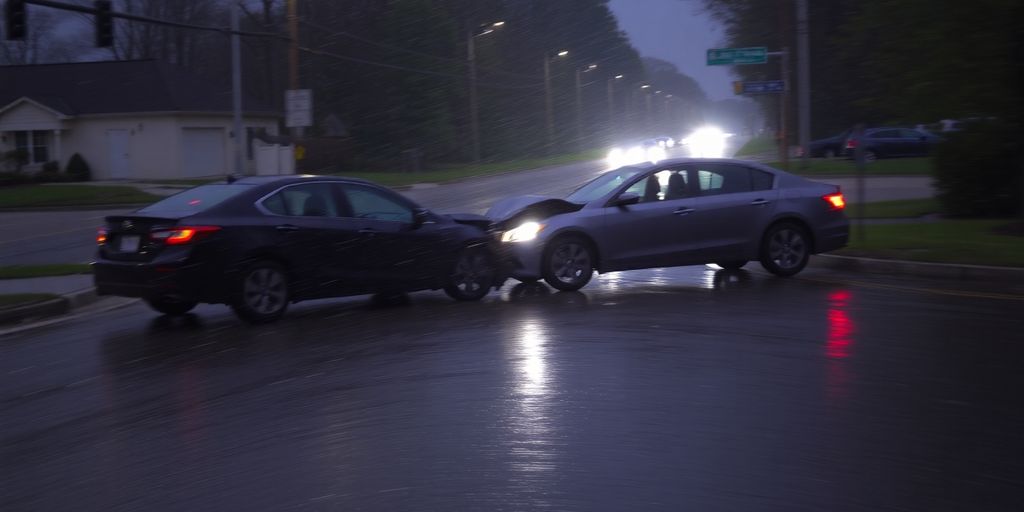 Rainy Kennesaw street with a car accident.