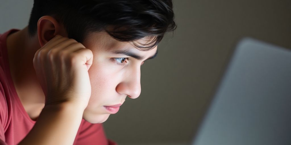 Person looking confused at a glowing laptop screen.