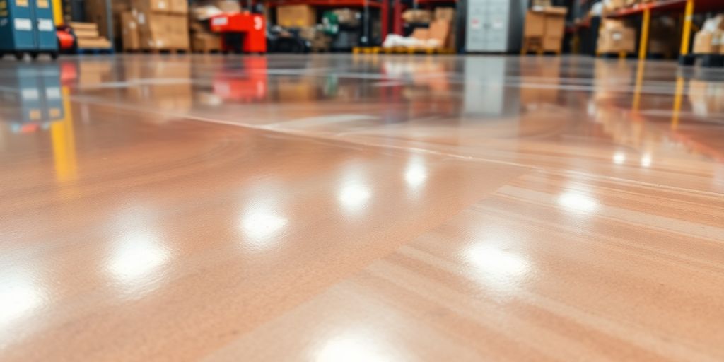 Shiny industrial epoxy floor coating in a warehouse setting.