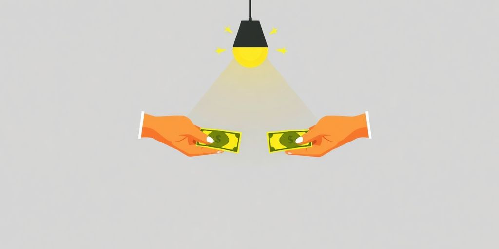 Cartoon hands exchanging money with bright light.