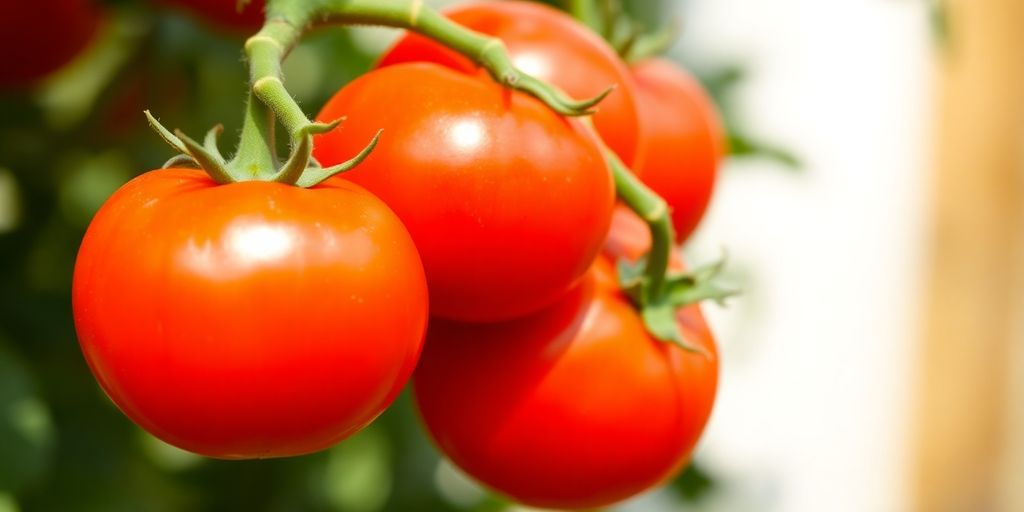 Vibrant red ripe tomatoes on a vine in bright sunlight.