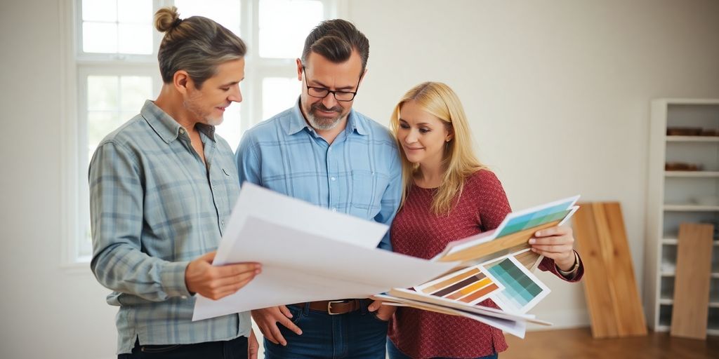 Home renovation project with contractor discussing blueprints.