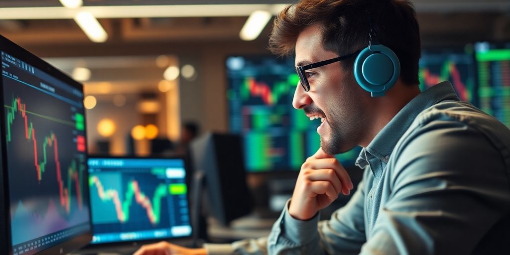 Trader focused on market analysis in a modern workspace.