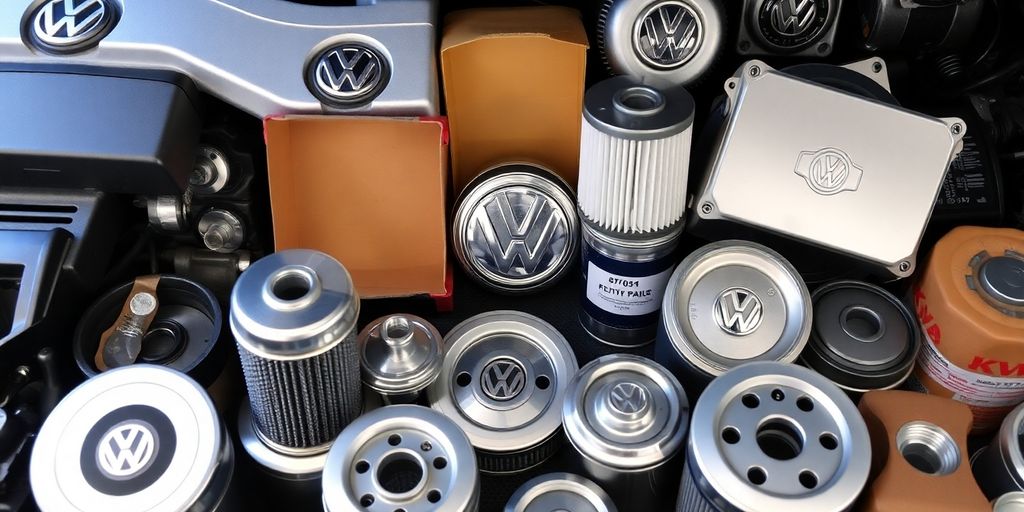 Genuine Volkswagen parts arranged neatly.