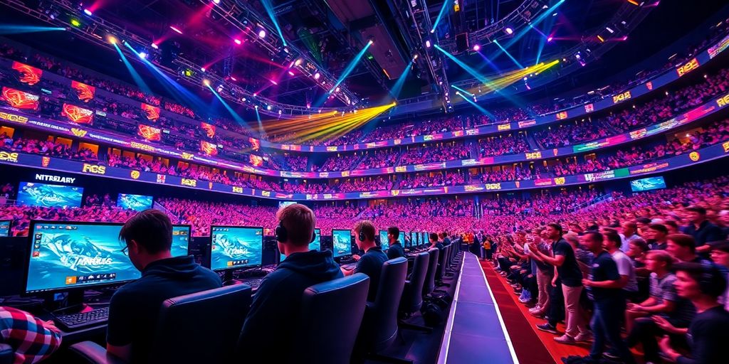 Gamers competing, vibrant arena lights.
