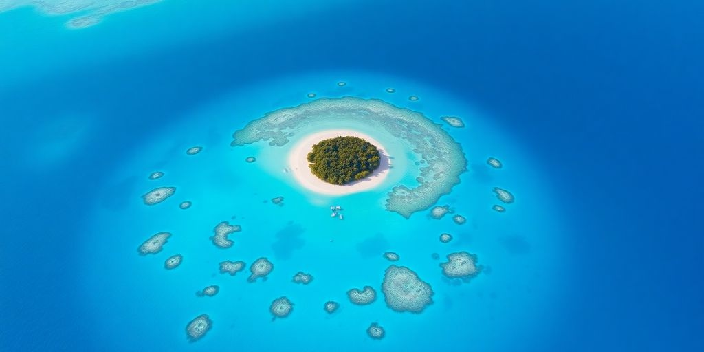 Turquoise lagoon surrounds lush green island, Raivavae.