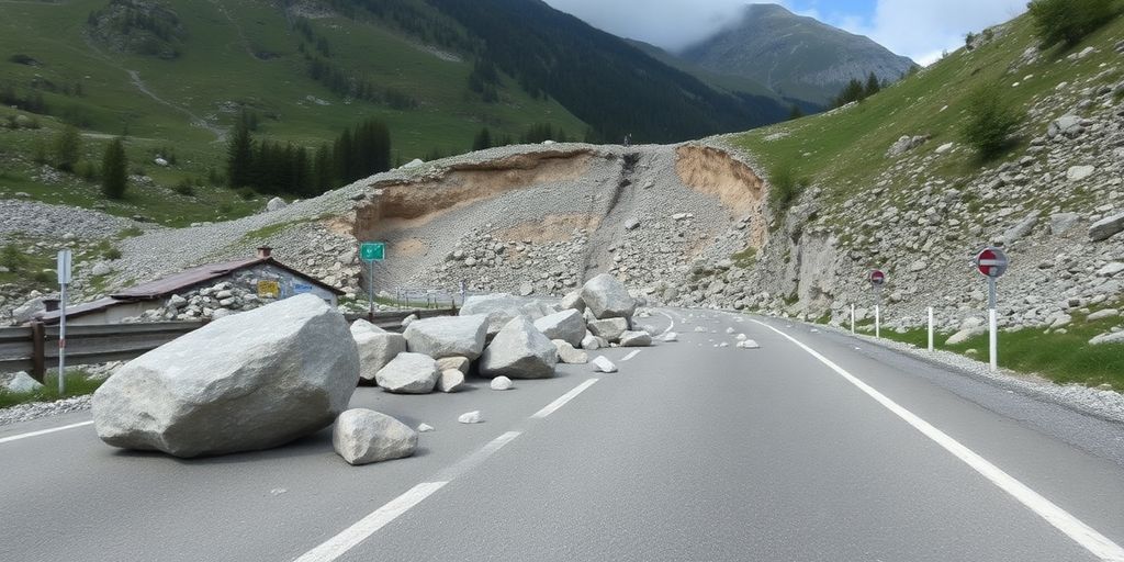 Paysage montagneux avec débris rocheux sur une route.