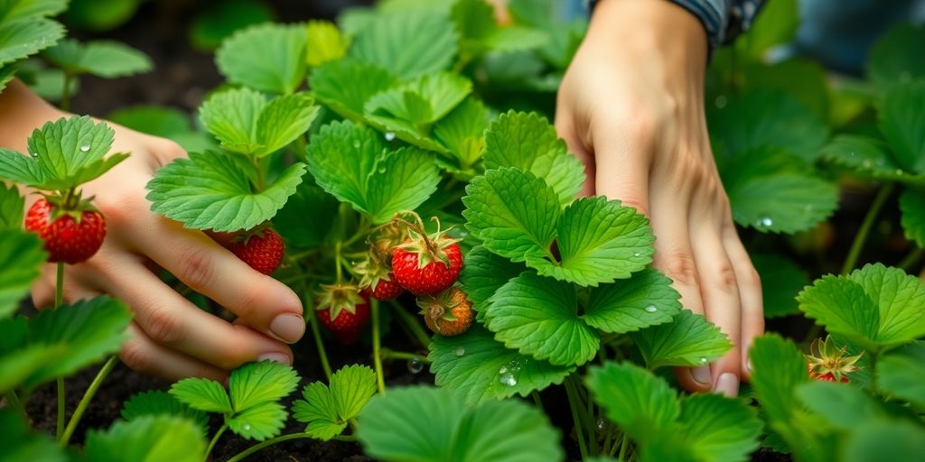 Erdbeerpflanzen im September mit starken Wurzeln.
