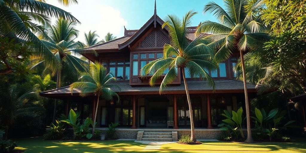 Tropical Thai villa surrounded by palm trees and greenery.