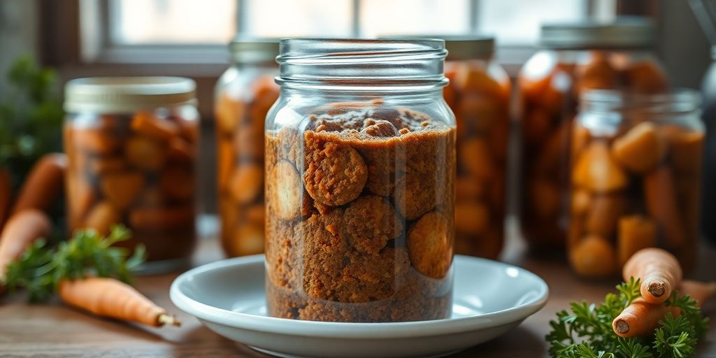 Un gâteau aux carottes et un bocal de conserve.